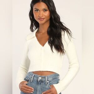 Lulus Warmer Ways Ivory Long Sleeve Button-Up Collared Sweater Top size Small